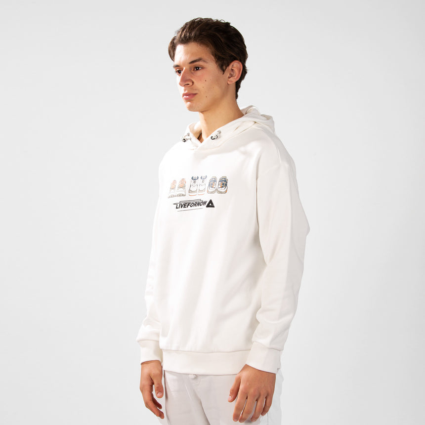 Sweat à capuche blanc PEAK Live For Now pour homme, avec imprimé graphique de sneakers et logo PEAK sur la poitrine – look moderne, confortable et idéal pour le quotidien.