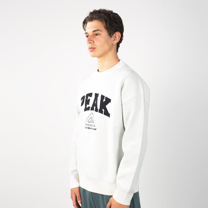 sweat-shirt PEAK blanc porté par un homme, logo noir PEAK sur la poitrine, style sportif et moderne.
