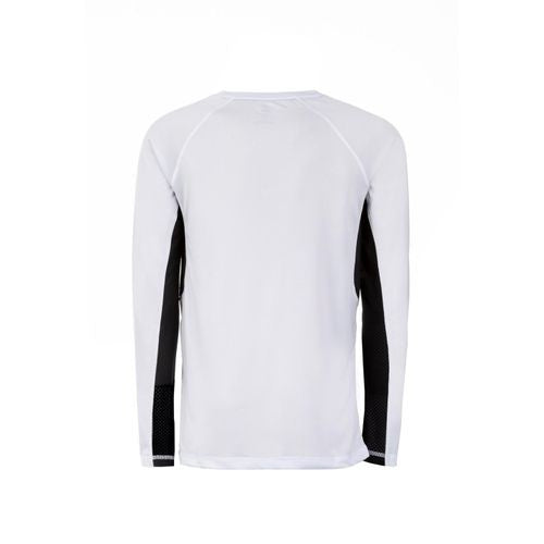 t-shirt technique PEAK blanc avec manches noires, col rond, coupe sportive et tissu respirant.