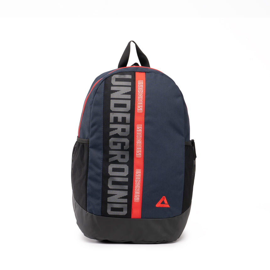 Dark blue PEAK backpack with red stripe and 'UNDERGROUND' text printed vertically on the front, displayed on a clean white background