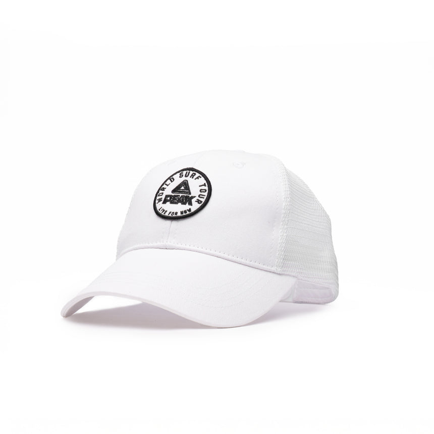 White PEAK trucker cap with mesh back and embroidered round 'World Surf Tour' patch on the front, displayed on a clean white background