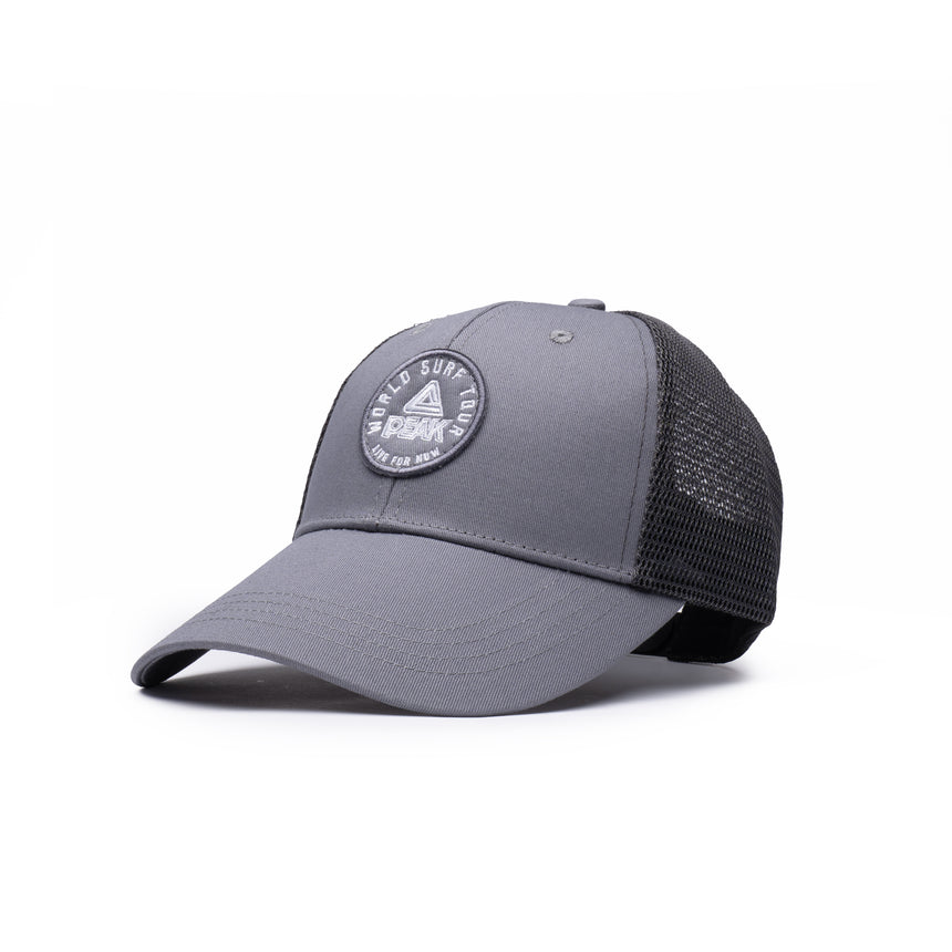 PEAK black trucker cap with mesh back and embroidered round patch on front, unisex style for sports and daily wear