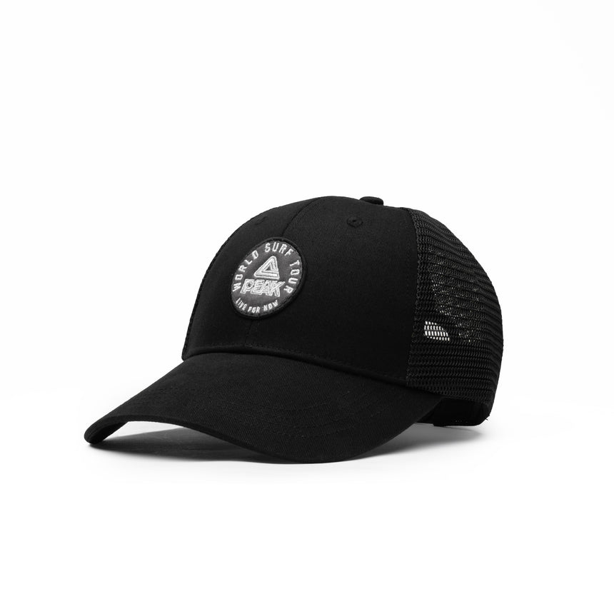 PEAK black trucker cap with mesh back and embroidered round patch on front, unisex style for sports and daily wear