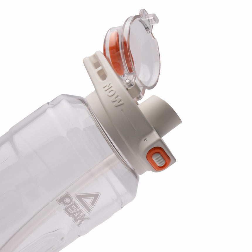 PEAK sport water bottle in white with secure cap and side handle, lightweight for training and everyday use