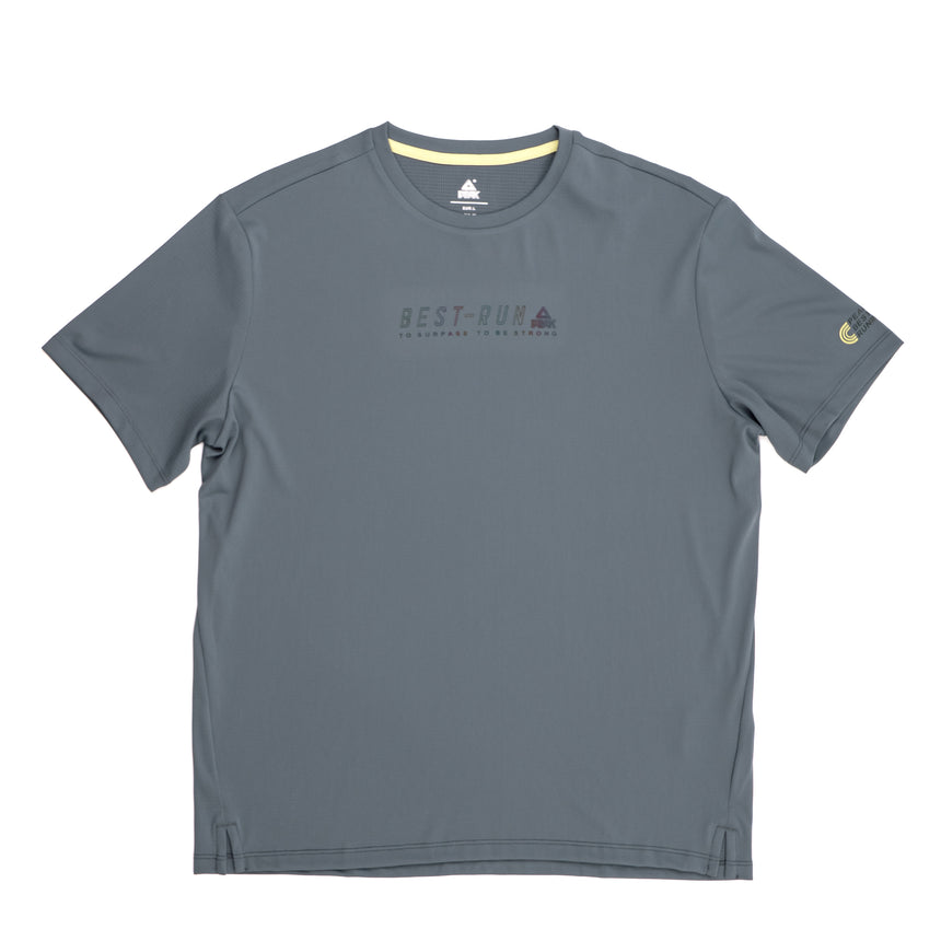 T-shirt gris Peak pour homme avec inscription "Best Run" sur la poitrine, coupe sportive légère et respirante, idéal pour la course et le quotidien.