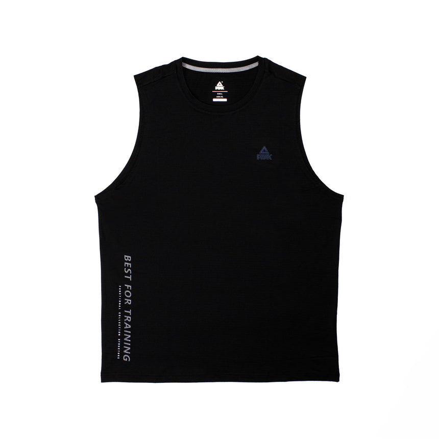 Débardeur noir PEAK pour homme, modèle Training, sans manches, léger et respirant, avec logo PEAK sur la poitrine – idéal pour le sport et l’entraînement.
