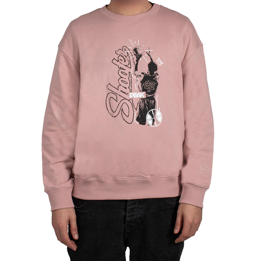 Sweat rose PEAK Shooter pour homme, col rond, avec imprimé basketball sur la poitrine et logo PEAK, style urbain et confortable pour le sport ou le quotidien.