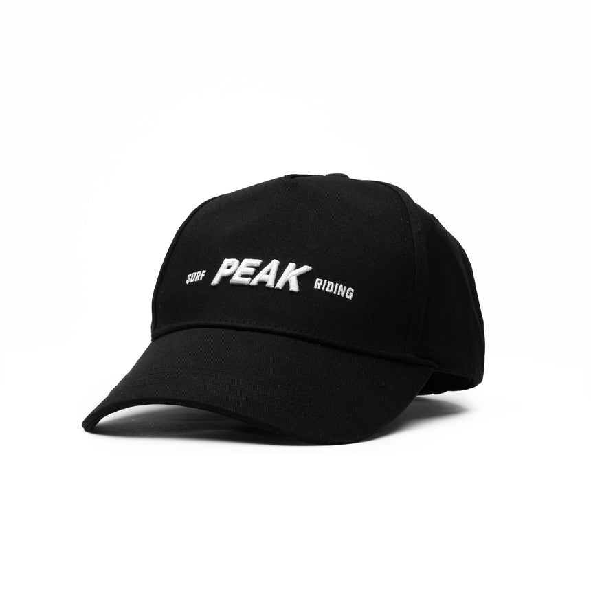 PEAK black trucker cap with mesh back and embroidered round patch on front, unisex style for sports and daily wear