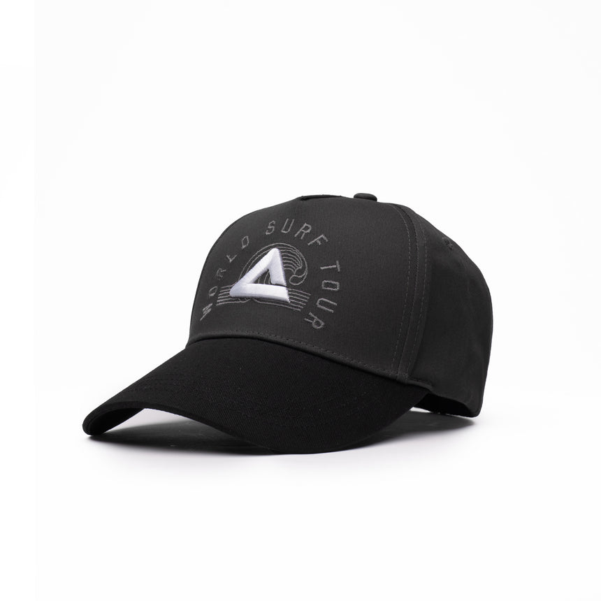 PEAK black trucker cap with mesh back and embroidered round patch on front, unisex style for sports and daily wear