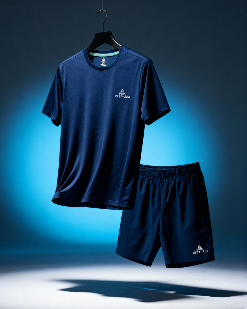 Ensemble de sport Peak bleu marine pour homme, composé d’un t-shirt respirant et d’un short léger, idéal pour la course, la salle de sport et les entraînements quotidiens