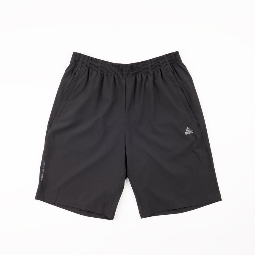 Short noir Peak pour homme, coupe sportive avec taille élastique et poches latérales, idéal pour l’entraînement, le running ou une tenue décontractée.