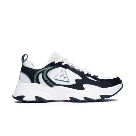 Sneakers Peak pour homme au design rétro, coloris blanc, noir et vert, avec semelle épaisse et logo latéral. Chaussure confortable et stylée pour un look urbain dynamique
