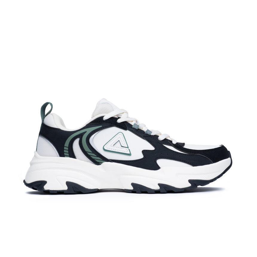 Sneakers Peak pour homme au design rétro, coloris blanc, noir et vert, avec semelle épaisse et logo latéral. Chaussure confortable et stylée pour un look urbain dynamique