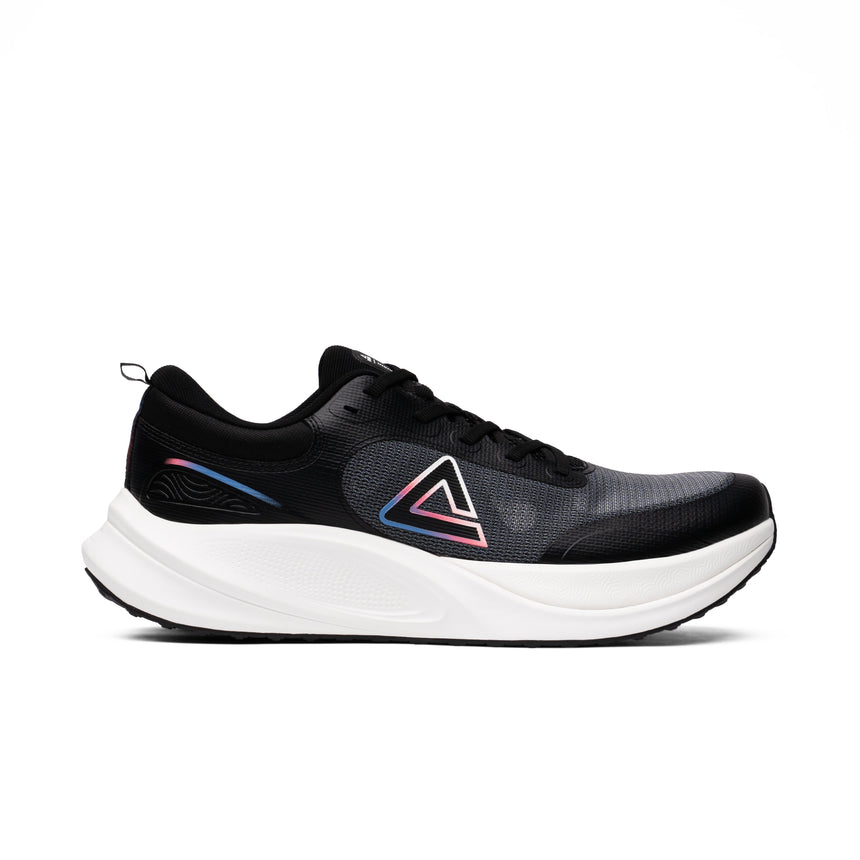 Baskets de running Peak pour homme en noir et blanc, au design moderne et semelle légère, idéales pour la course à pied et les entraînements quotidiens.