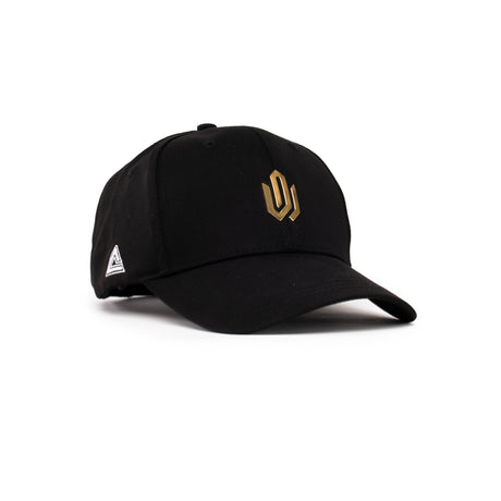 Black PEAK baseball cap with gold embroidered logo on the front and small white PEAK triangle logo on the side, displayed on a clean white background.