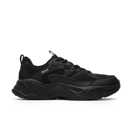 PEAK Trendy Flex retro casual lifestyle shoes in dark black for men with thick sole and modern design, ideal for everyday wear and urban style