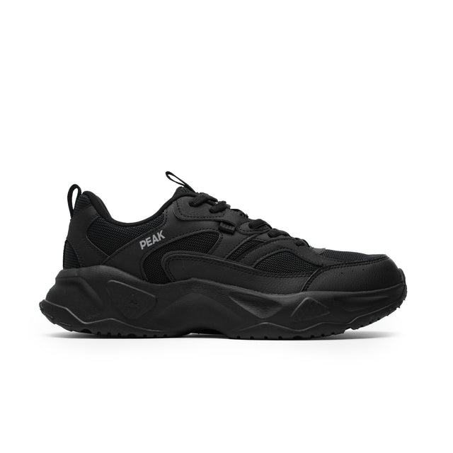 PEAK Trendy Flex retro casual lifestyle shoes in dark black for men with thick sole and modern design, ideal for everyday wear and urban style