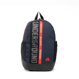 Dark blue PEAK backpack with red stripe and 'UNDERGROUND' text printed vertically on the front, displayed on a clean white background