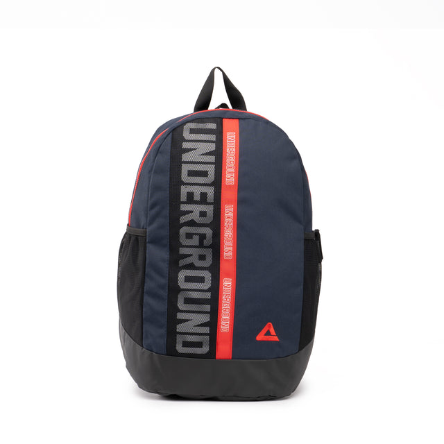 Dark blue PEAK backpack with red stripe and 'UNDERGROUND' text printed vertically on the front, displayed on a clean white background