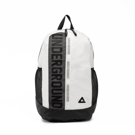 White and black PEAK backpack with vertical 'UNDERGROUND' text on the front and black mesh side pockets, displayed on a clean white background.