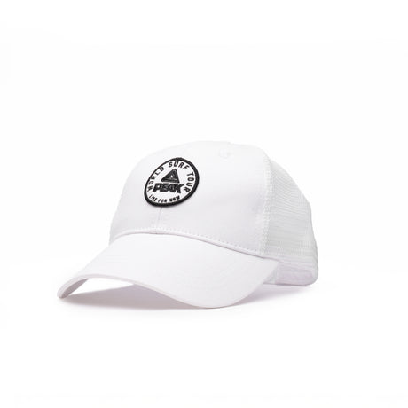 PEAK black trucker cap with mesh back and embroidered round patch on front, unisex style for sports and daily wear
