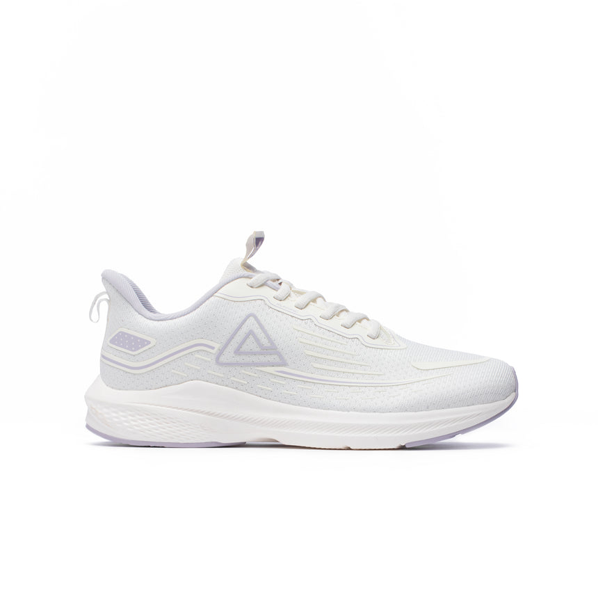 PEAK Runner Energy running shoes in off-white with violet details for women, lightweight and breathable design for optimal performance