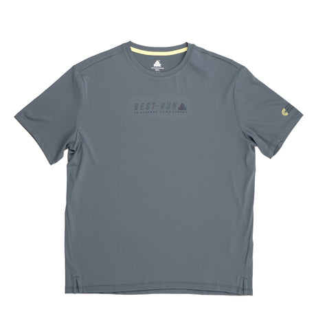 T-shirt gris Peak pour homme avec inscription "Best Run" sur la poitrine, coupe sportive légère et respirante, idéal pour la course et le quotidien.
