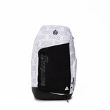 White and black PEAK backpack featuring 'Skywalker' text on the front pocket, Wiggins print pattern across the top section, and triangular PEAK logo at the bottom, displayed on a clean white background