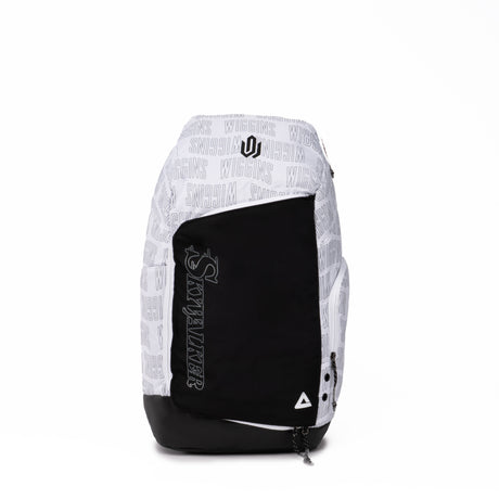 White and black PEAK backpack featuring 'Skywalker' text on the front pocket, Wiggins print pattern across the top section, and triangular PEAK logo at the bottom, displayed on a clean white background