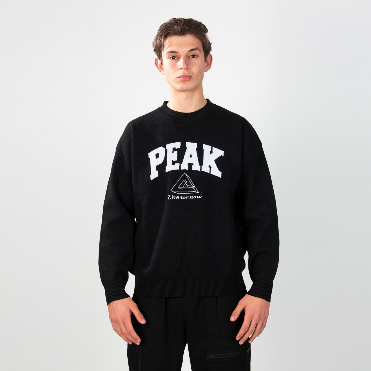 sweat-shirt PEAK noir porté par un homme, logo PEAK sur la poitrine, style sportif et décontracté.