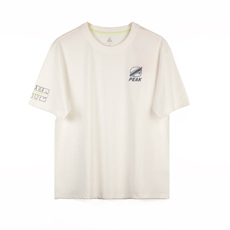 t-shirt PEAK blanc avec logo bleu sur la poitrine et imprimé graphique sur la manche, coupe droite, tissu doux.