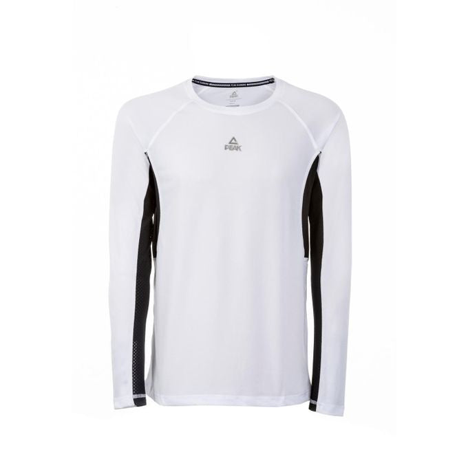 t-shirt technique PEAK blanc avec manches noires, col rond, coupe sportive et tissu respirant.