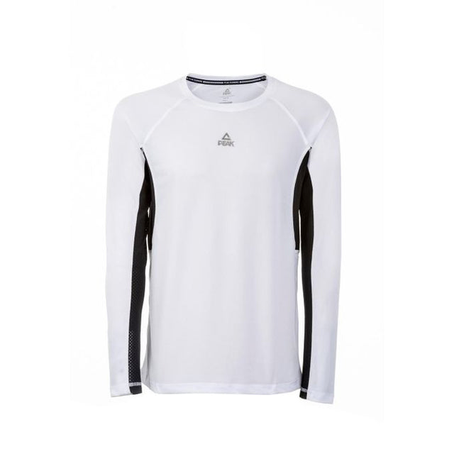 t-shirt technique PEAK blanc avec manches noires, col rond, coupe sportive et tissu respirant.