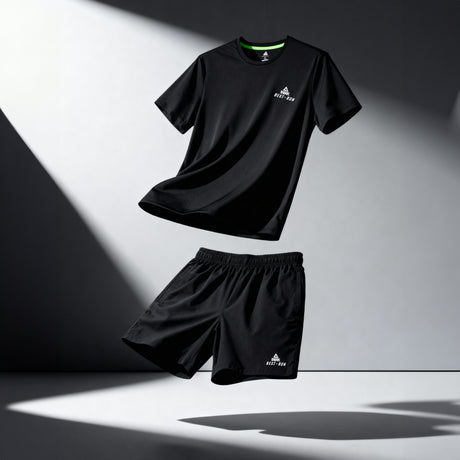Ensemble de sport noir Peak pour homme, composé d’un t-shirt respirant et d’un short léger, idéal pour le running, la salle de sport ou les entraînements quotidiens.
