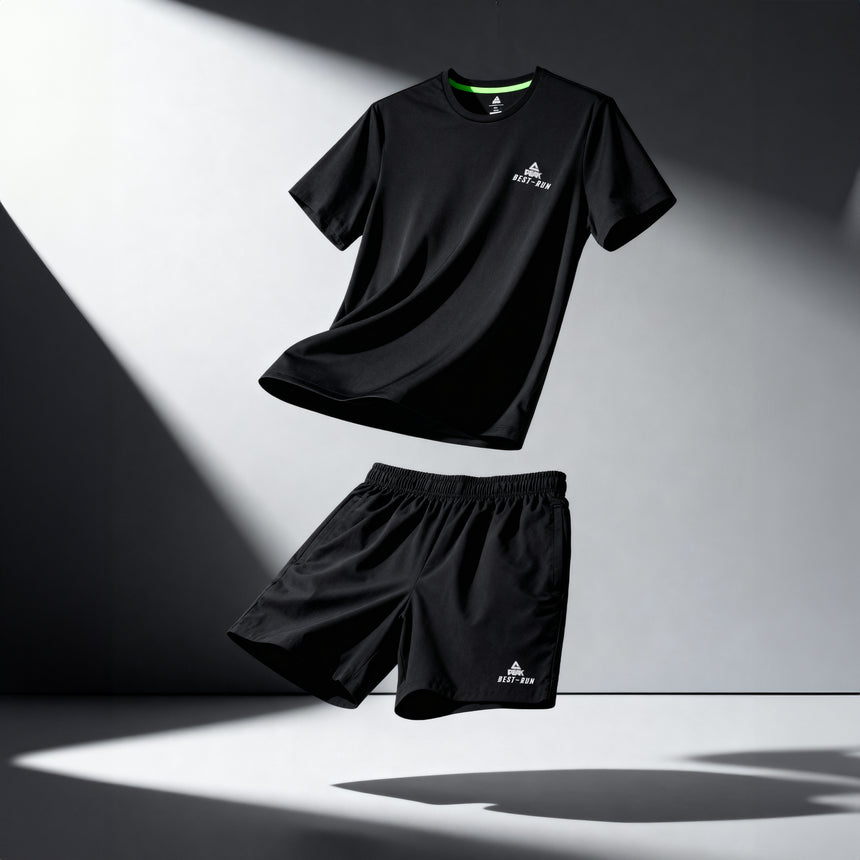 Ensemble de sport noir Peak pour homme, composé d’un t-shirt respirant et d’un short léger, idéal pour le running, la salle de sport ou les entraînements quotidiens.
