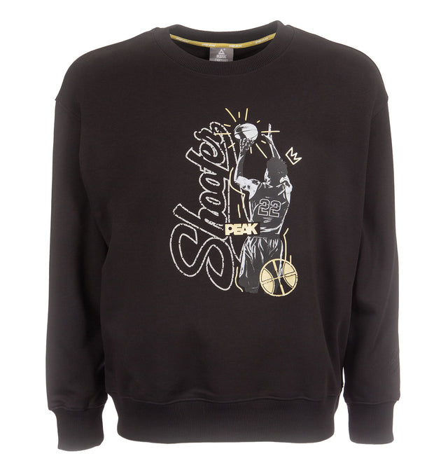 Sweat noir PEAK Shooter pour homme, col rond, imprimé joueur de basketball et logo PEAK sur la poitrine – style urbain, chaud et confortable pour sport ou casual.