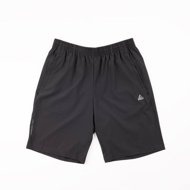 Short noir Peak pour homme, coupe sportive avec taille élastique et poches latérales, idéal pour l’entraînement, le running ou une tenue décontractée.
