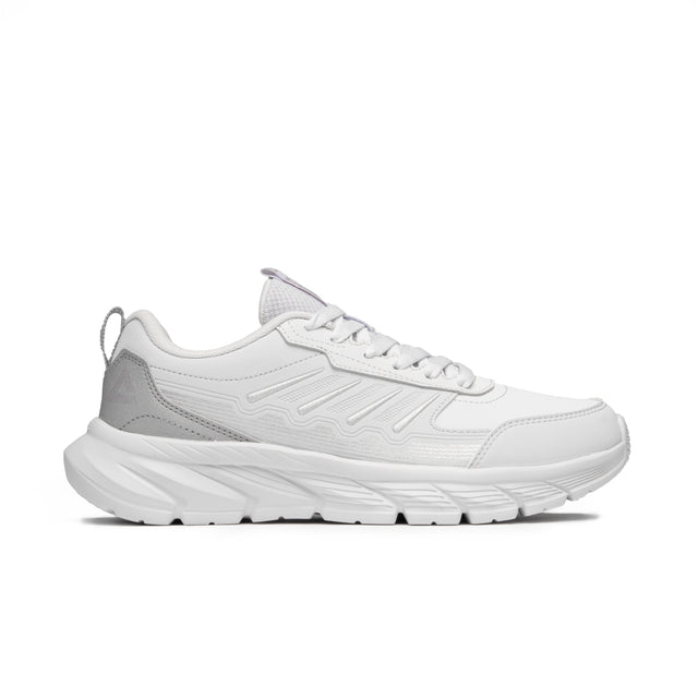 Sneakers Peak Urban Glide pour femme, coloris blanc avec détails argentés. Chaussure de style lifestyle alliant confort, légèreté et design moderne pour un look urbain et tendance.
