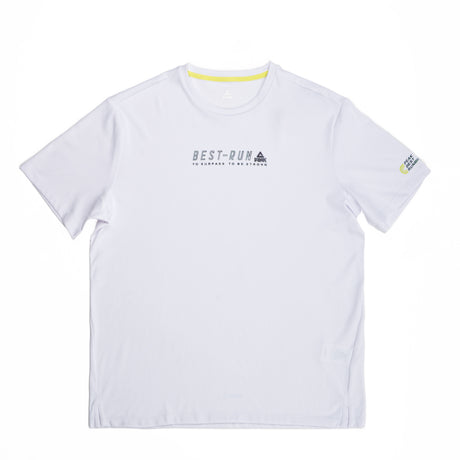 T-shirt blanc Peak pour homme avec inscription "Best Run" sur la poitrine, design sportif et respirant, idéal pour la course et les activités quotidiennes.
