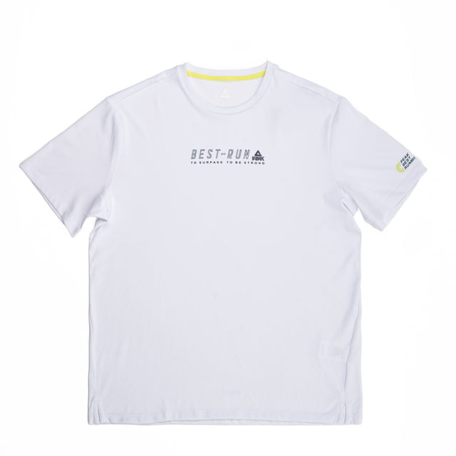 T-shirt blanc Peak pour homme avec inscription "Best Run" sur la poitrine, design sportif et respirant, idéal pour la course et les activités quotidiennes.
