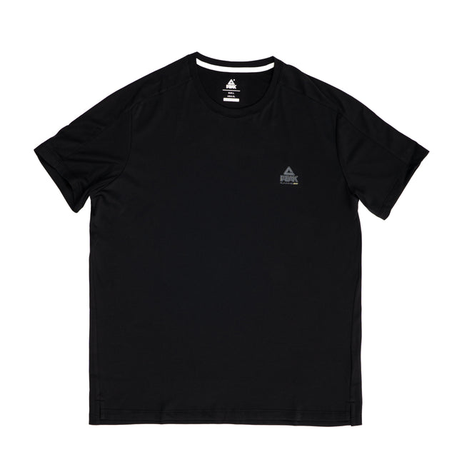 T-shirt noir Peak pour homme à col rond, coupe droite légère et confortable, idéal pour le sport ou le quotidien.
