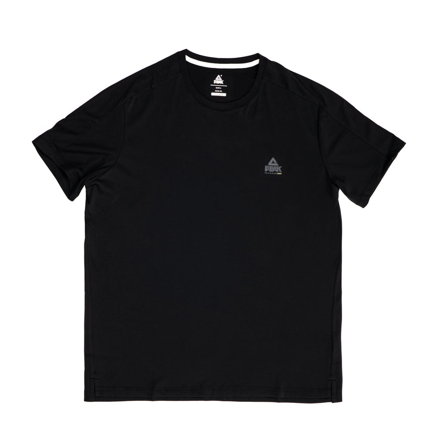 T-shirt noir Peak pour homme à col rond, coupe droite légère et confortable, idéal pour le sport ou le quotidien.
