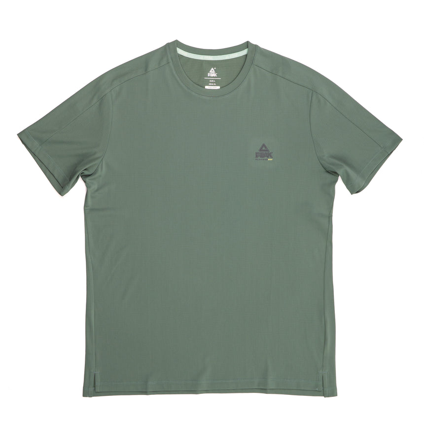 T-shirt vert Peak pour homme à col rond et manches courtes, coupe droite confortable, idéal pour le sport ou le quotidien.
