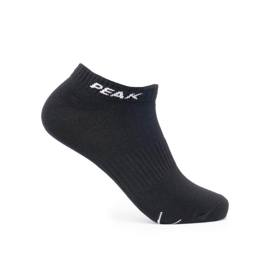 Chaussette basse PEAK noire en coton respirant avec logo blanc, conçue pour offrir confort, maintien et performance au quotidien et pendant le sport.
